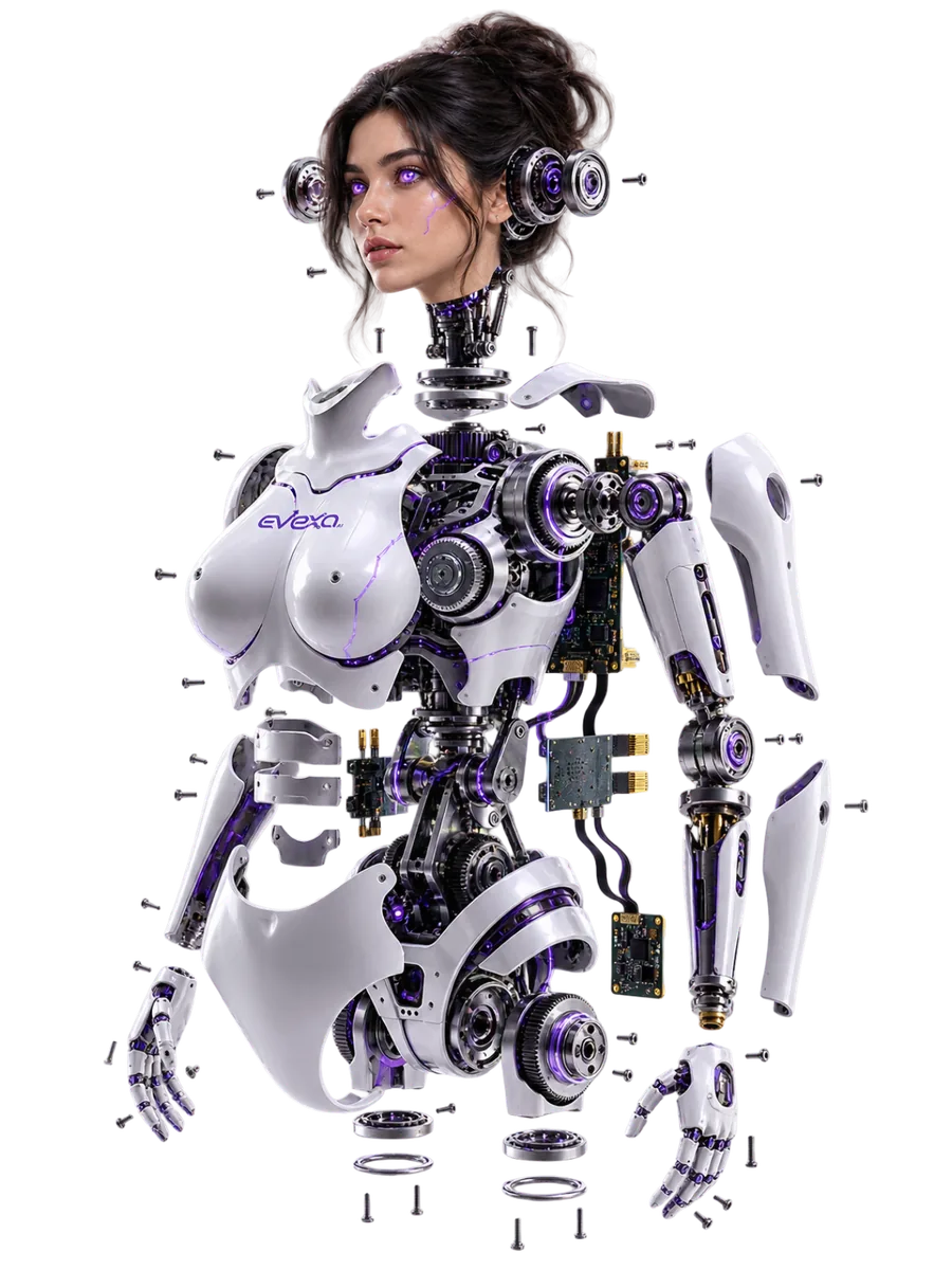 Evexa shown as an exploded view, every component laid out